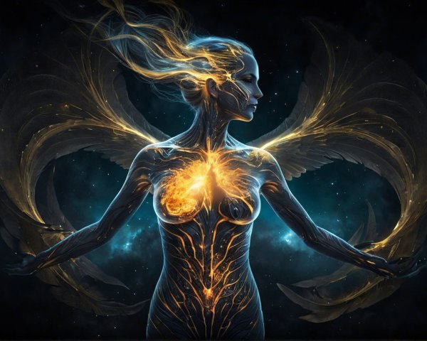 Ethereal Woman with Glowing Patterns and Wings
