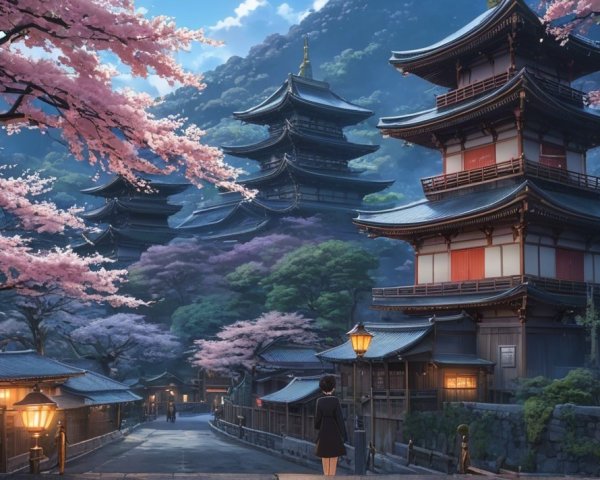 Serene Japanese Evening with Pagodas and Cherry Blossoms