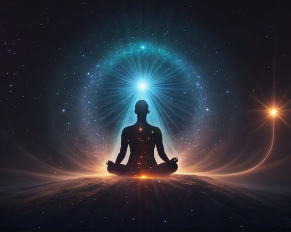 Meditative Figure Against Cosmic Starry Background