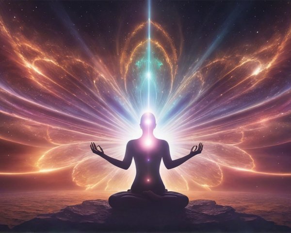 Meditative Figure Against Cosmic Backdrop with Energy