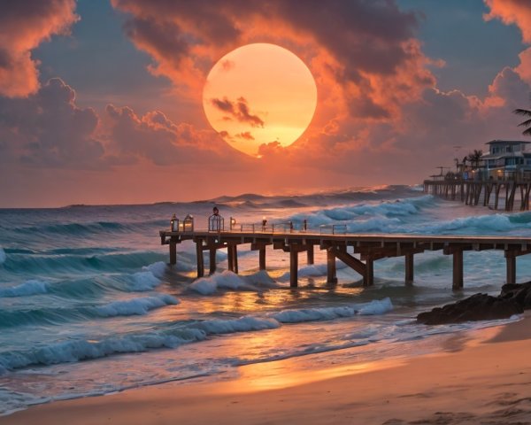Serene Beach Sunset with Pier and Palm Trees