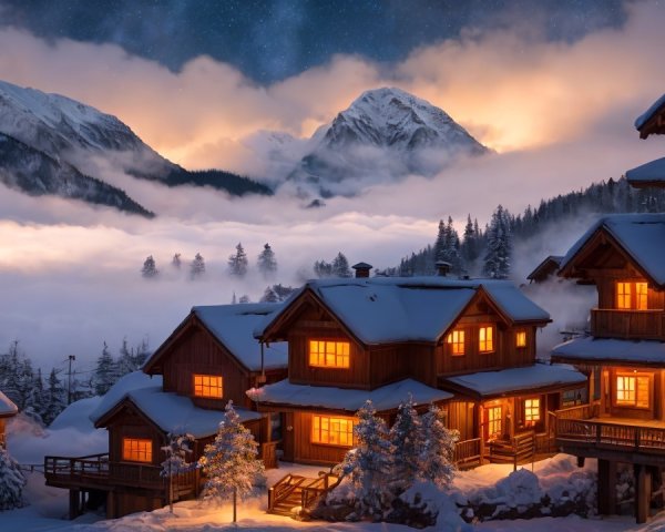 Cozy Wooden Chalets in a Serene Winter Landscape