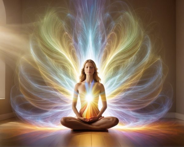 Serene Woman in Luminous Room with Heart Chakra Energy