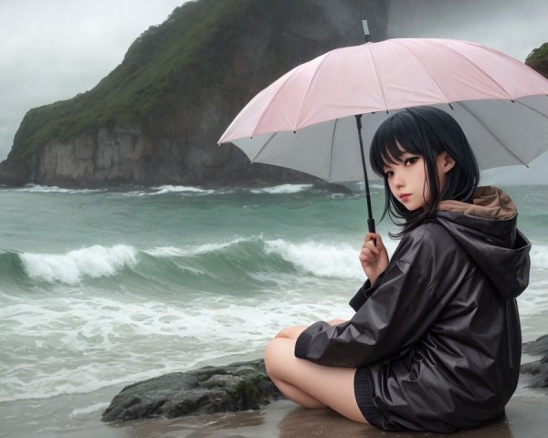 Young girl with umbrella on rocky beach during storm
