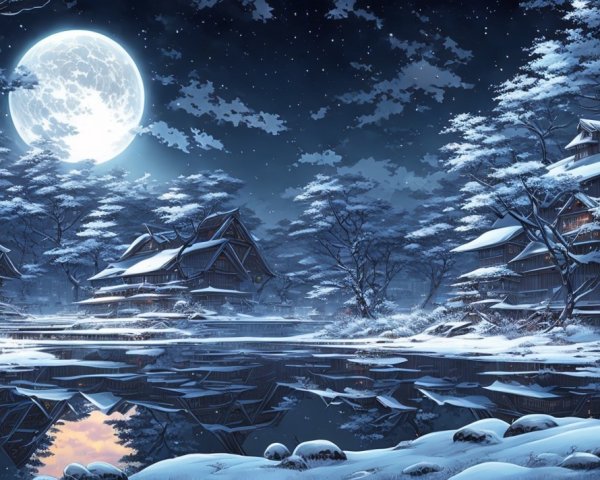 Serene Winter Landscape Under Full Moonlight
