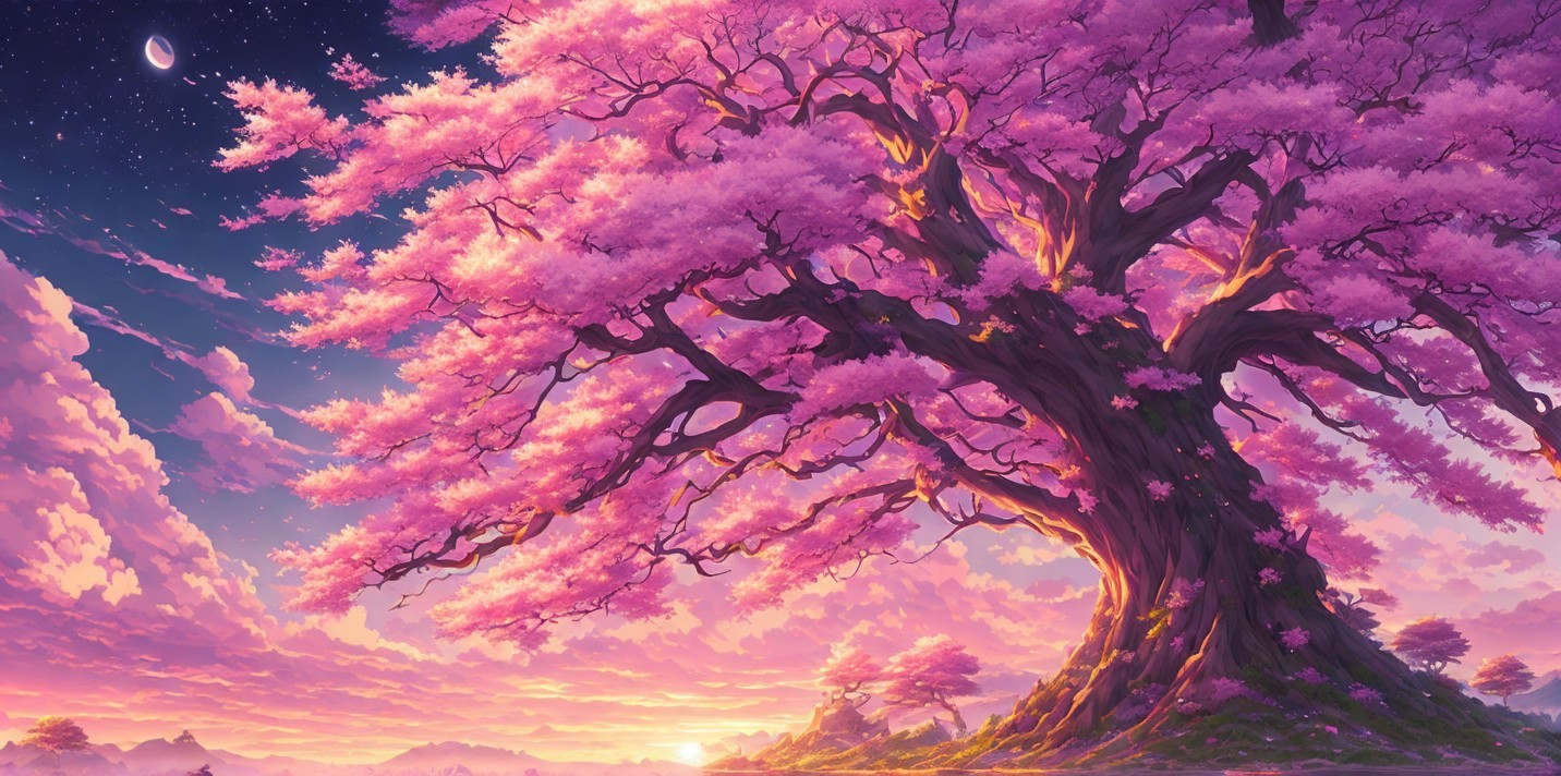 Cherry Blossom Tree Against Sunset Sky and Hills