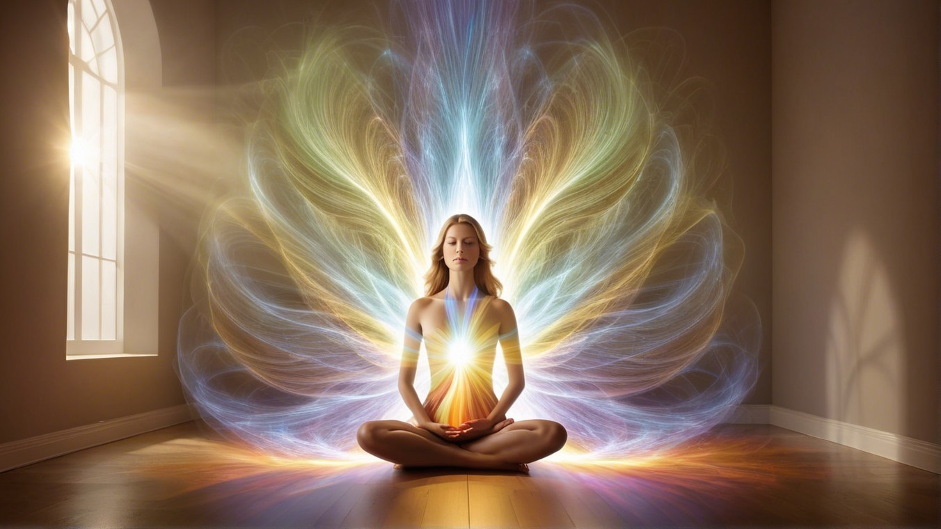 Serene Woman in Luminous Room with Heart Chakra Energy