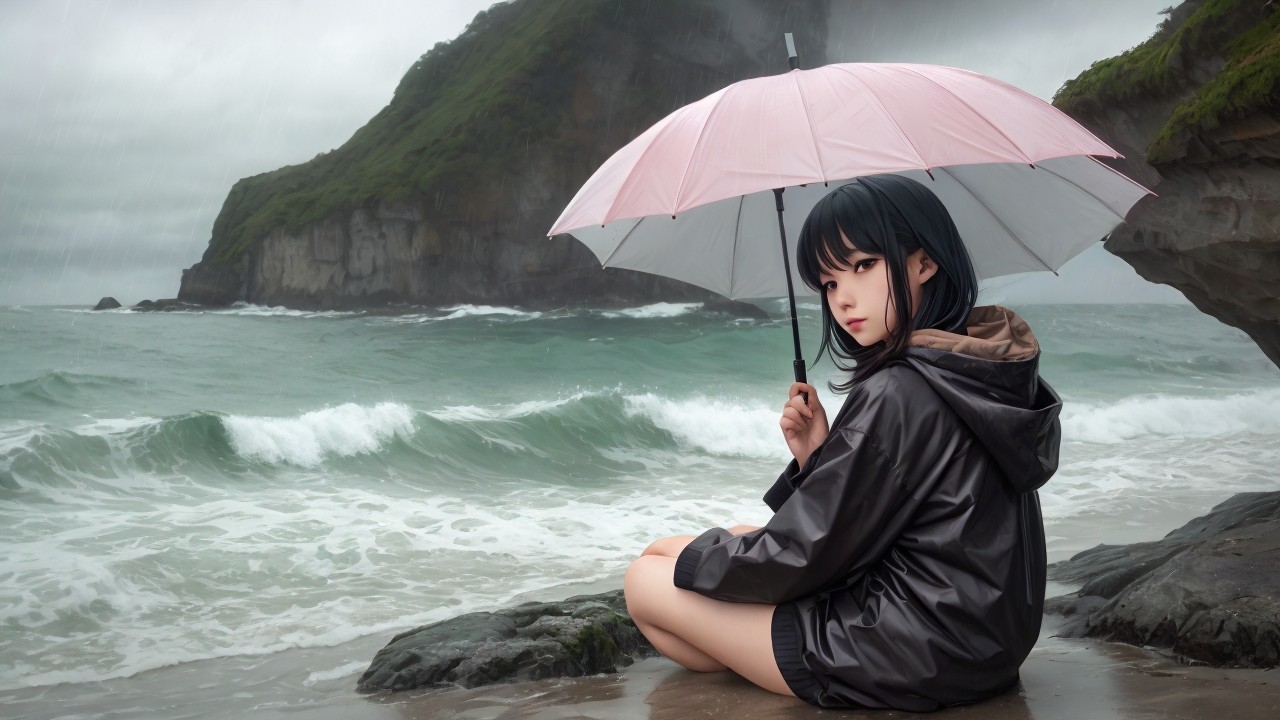 Young girl with umbrella on rocky beach during storm