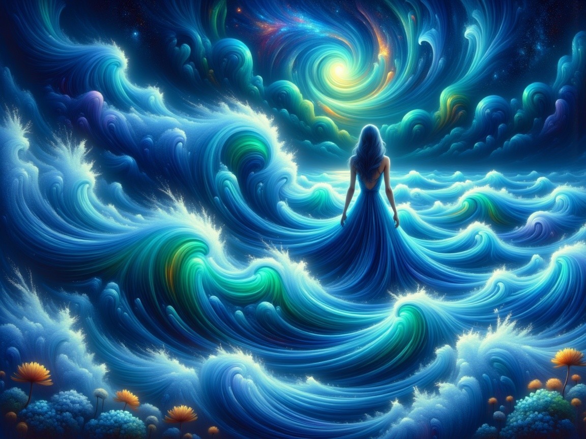 Celestial Scene with Figure and Vibrant Ocean Waves