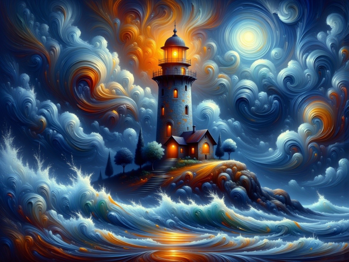 Vibrant Lighthouse on Rocky Shore at Night