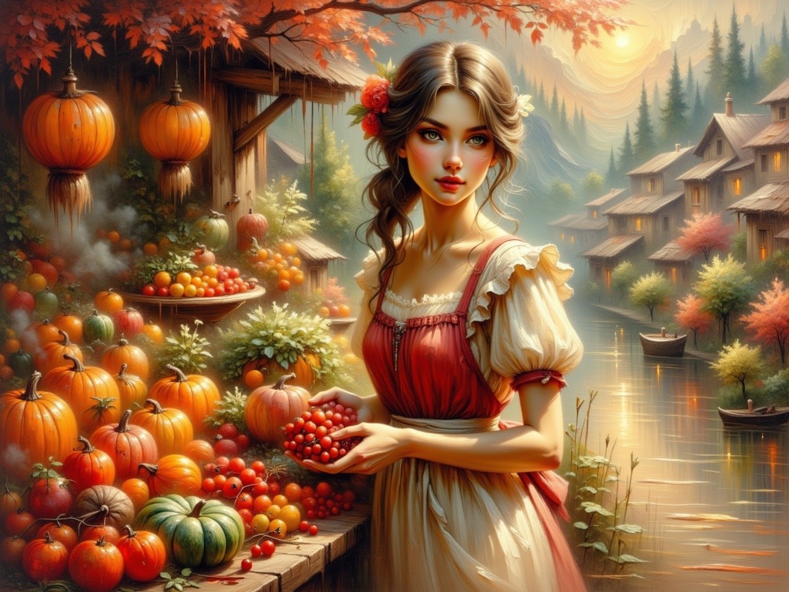 Autumn Scene with Vintage Dress and Harvest Elements