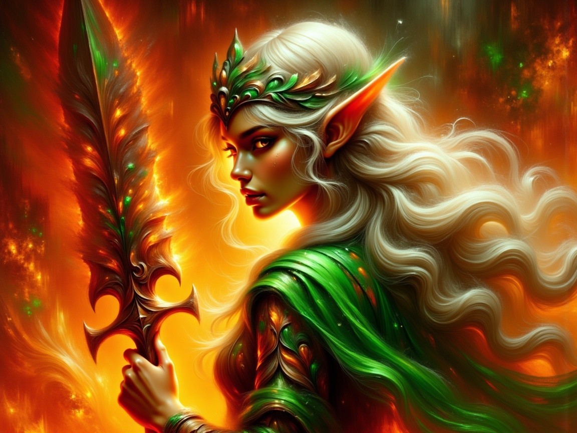 Ethereal Elven Warrior with Silver Hair and Sword