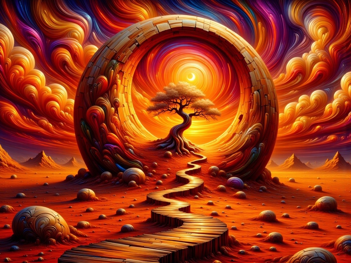 Surreal Landscape with Vibrant Sky and Archway