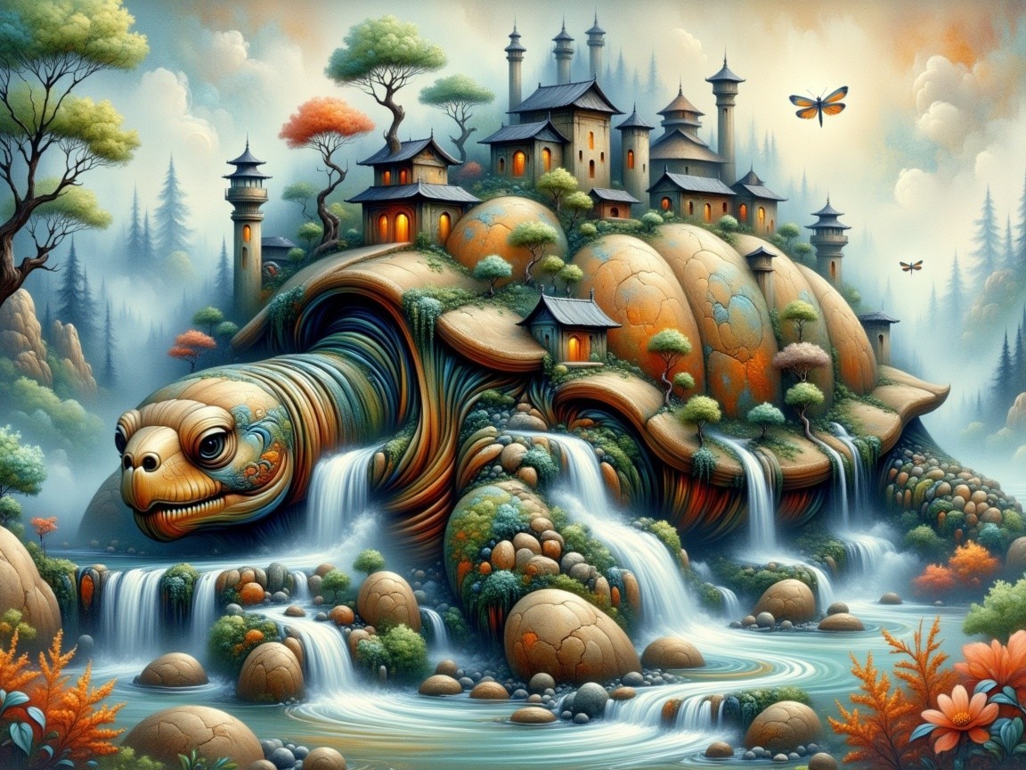 Majestic Turtle with Colorful Shell and Tiny Buildings