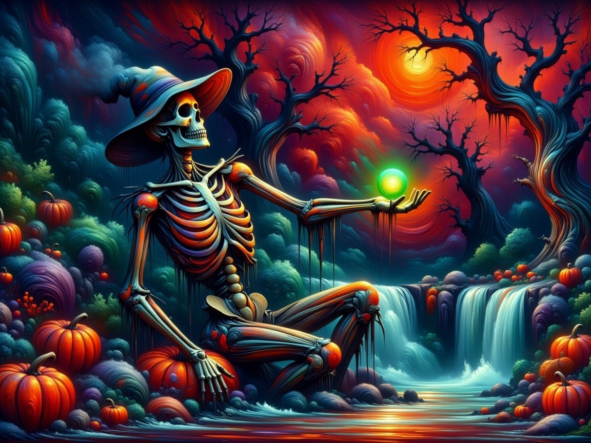 Skeleton by Waterfall with Pumpkins and Sunset