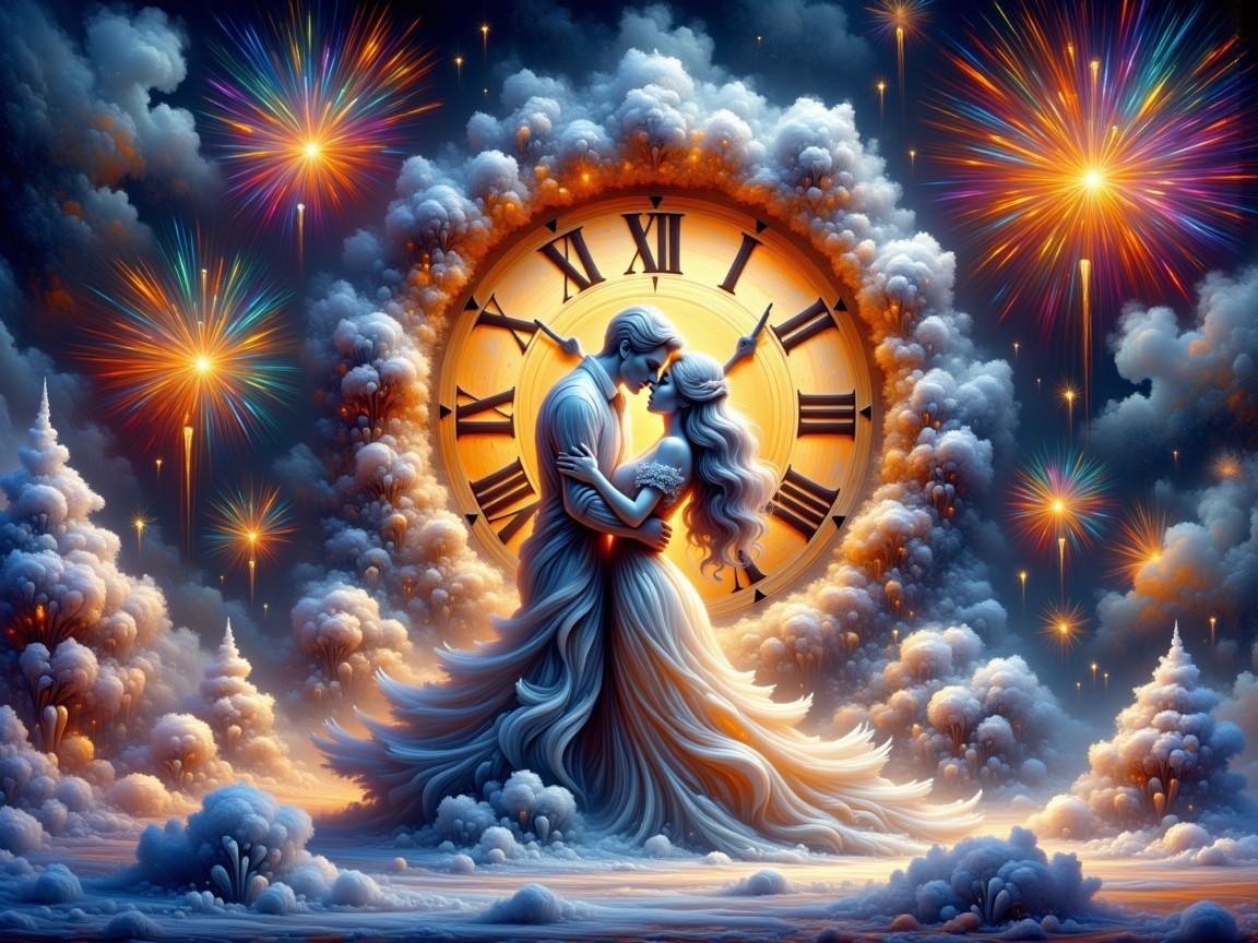 Couple Embraces in Snowy Landscape at Midnight