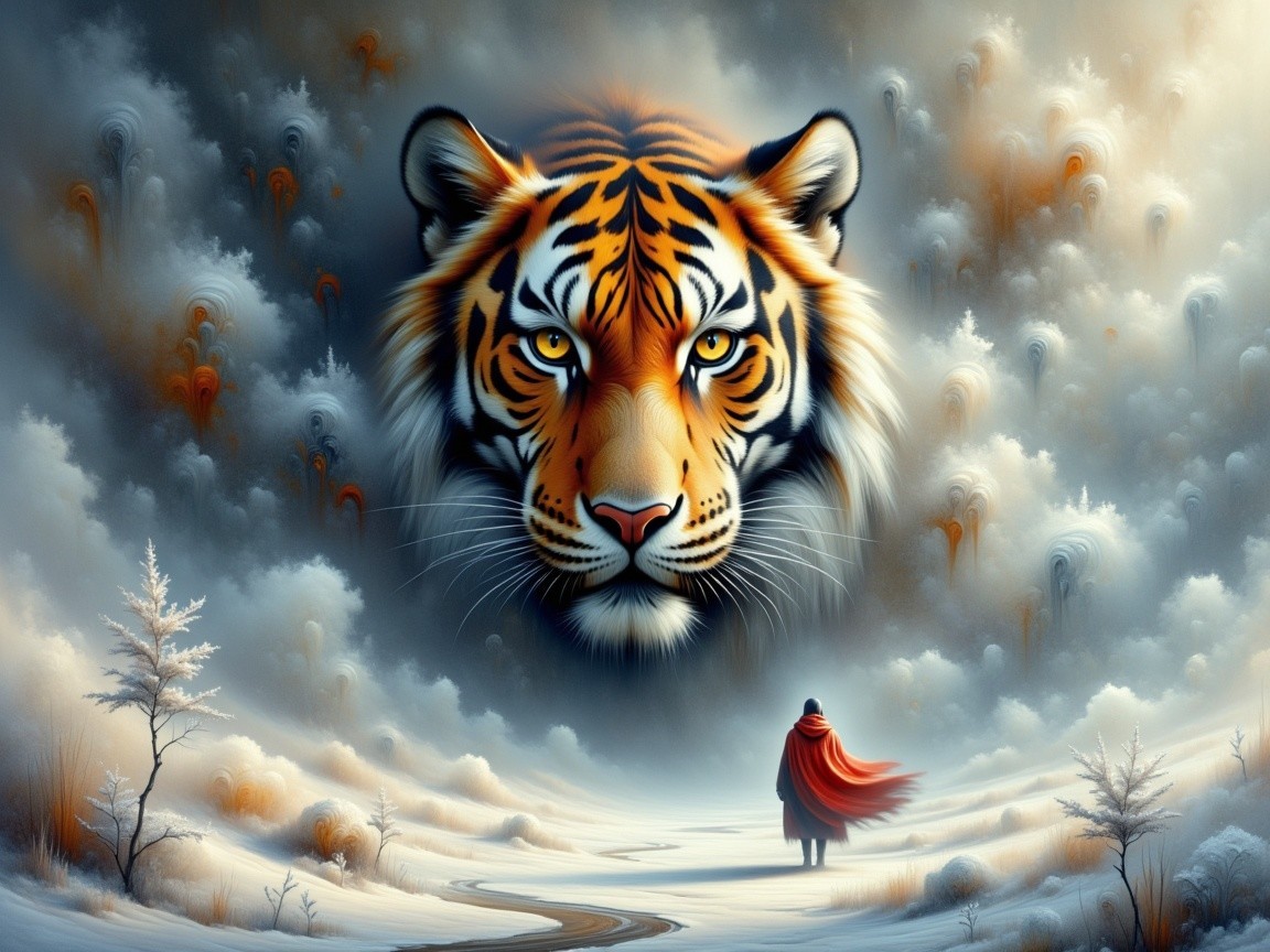 Majestic Tiger Over Serene Snowy Landscape Scene