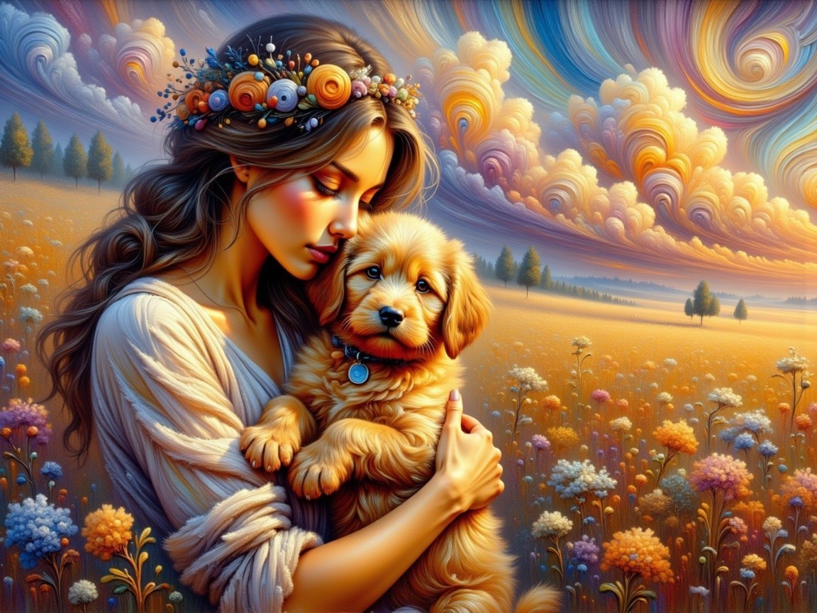 Serene Meadow Scene with Woman and Puppy at Sunset