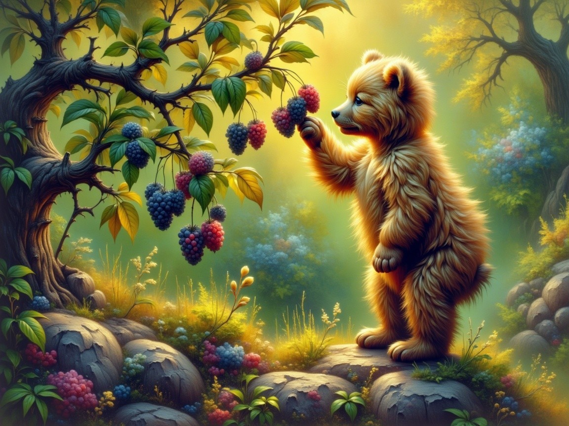 Golden bear cub reaching for berries in sunlit forest