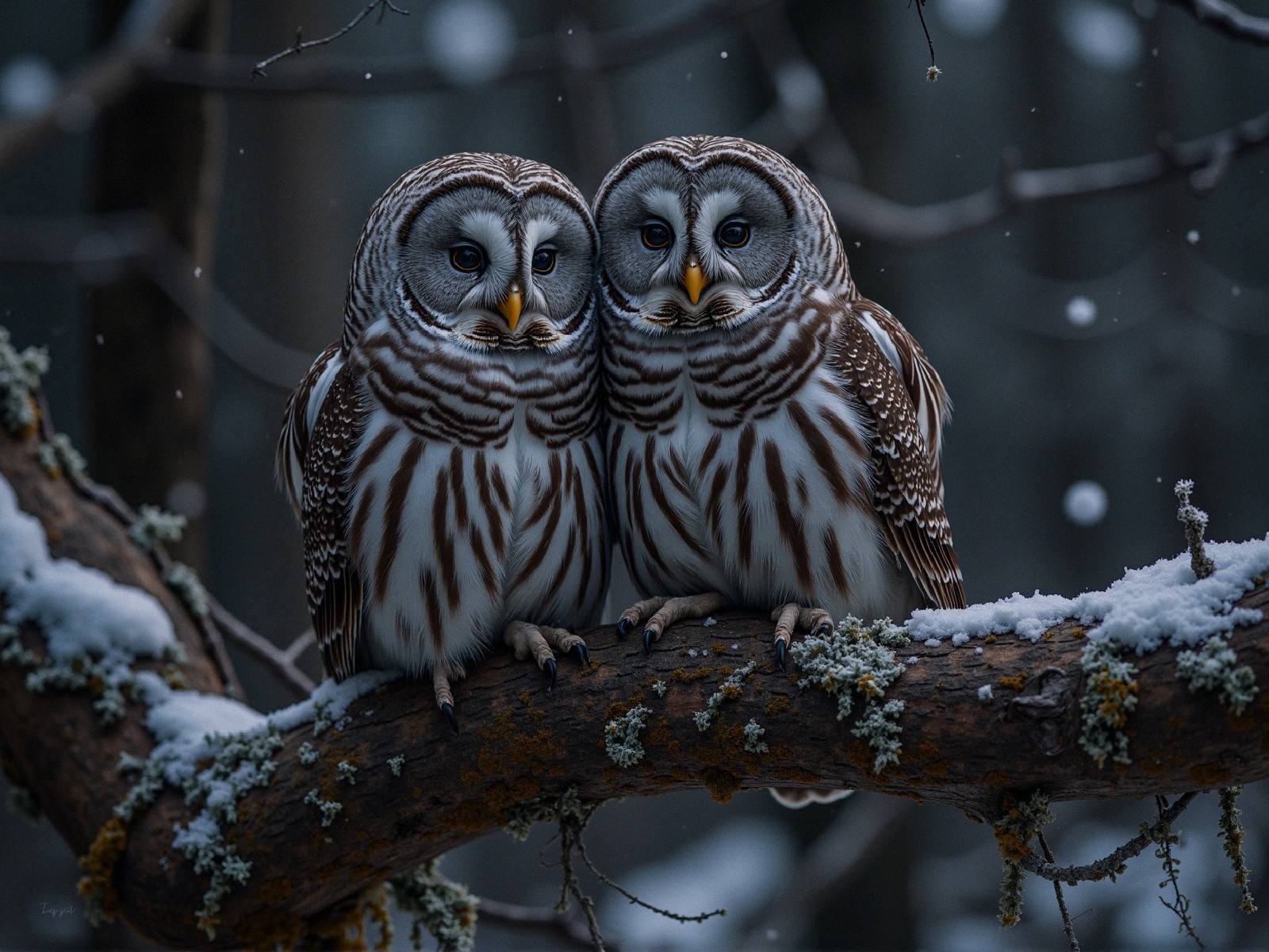 Owls on a snow-dusted branch in twilight forest