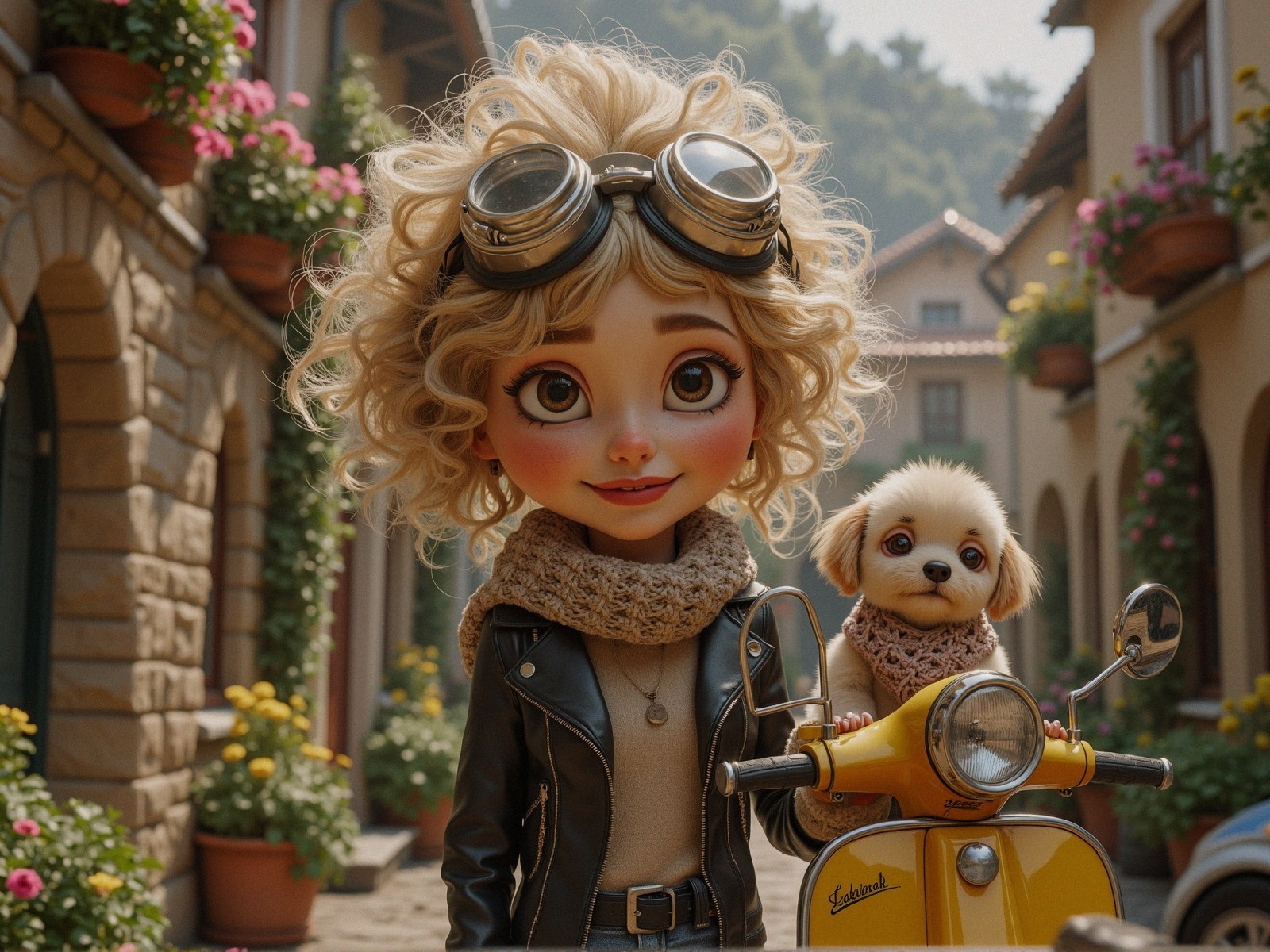 Stylish Doll and Dog by Vintage Scooter on Cobblestone Street