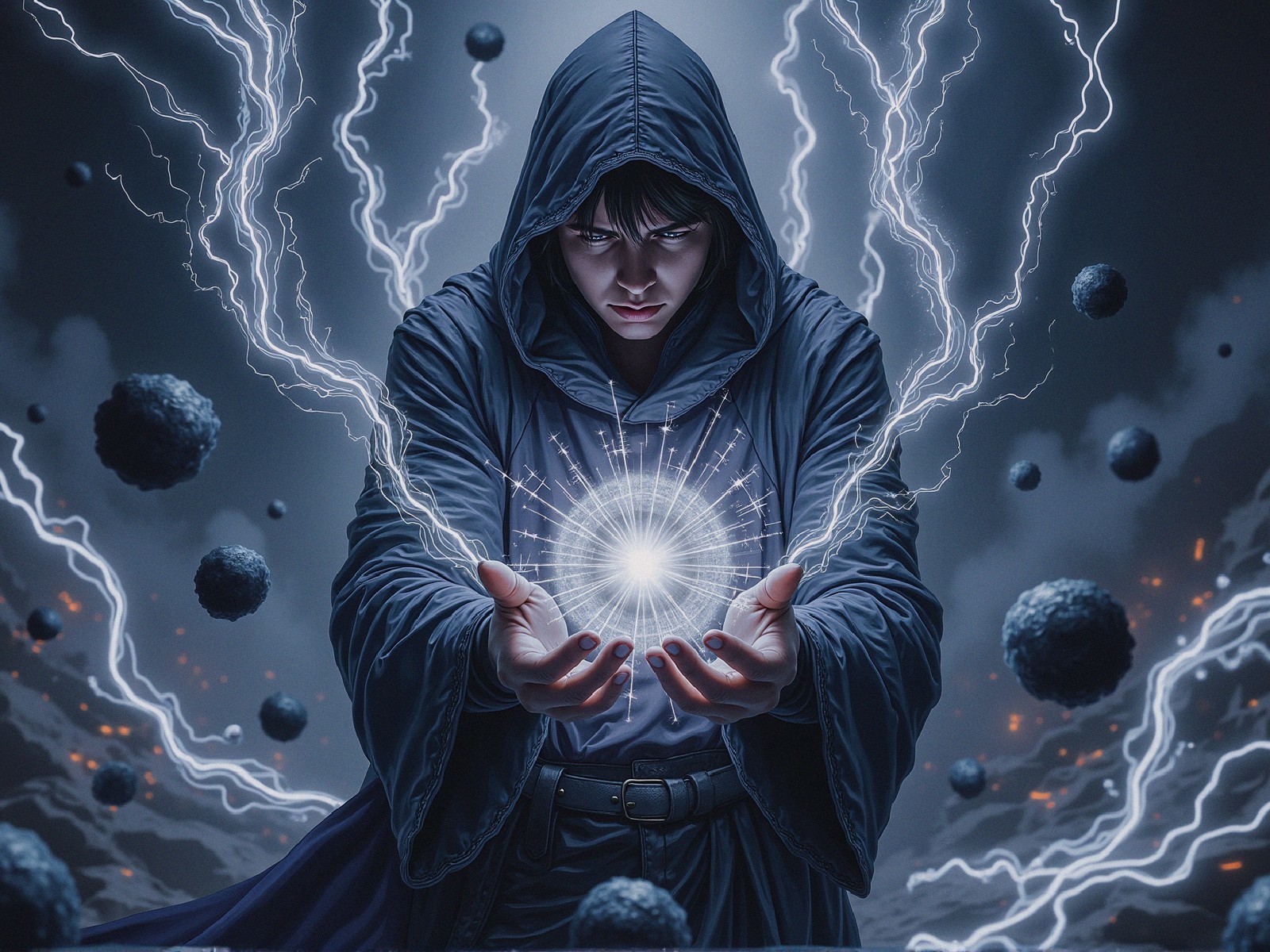 Cloaked Figure Harnessing Energy Amidst Dark Clouds