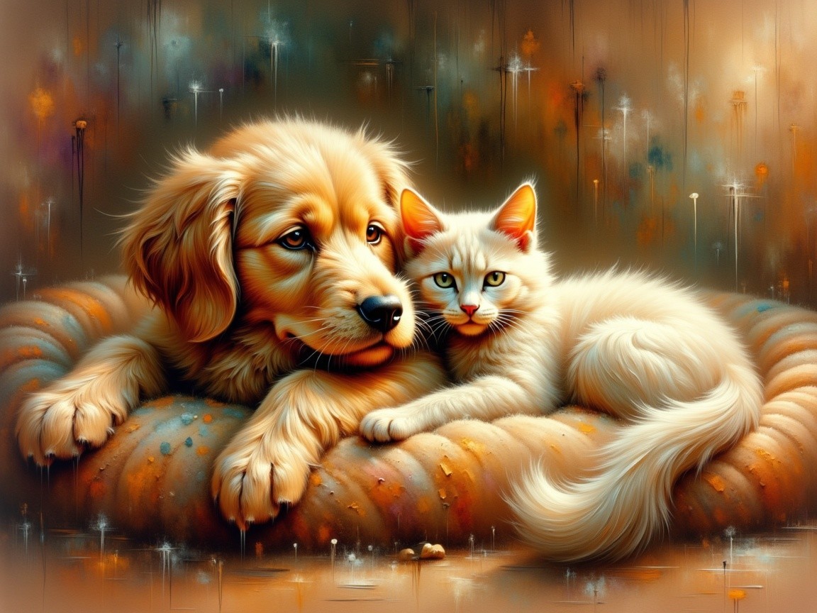 Golden Retriever Puppy and Fluffy Kitten on Cushion
