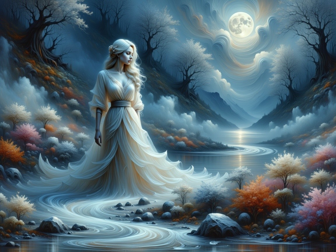 Luminous Woman by Tranquil River Under Full Moon
