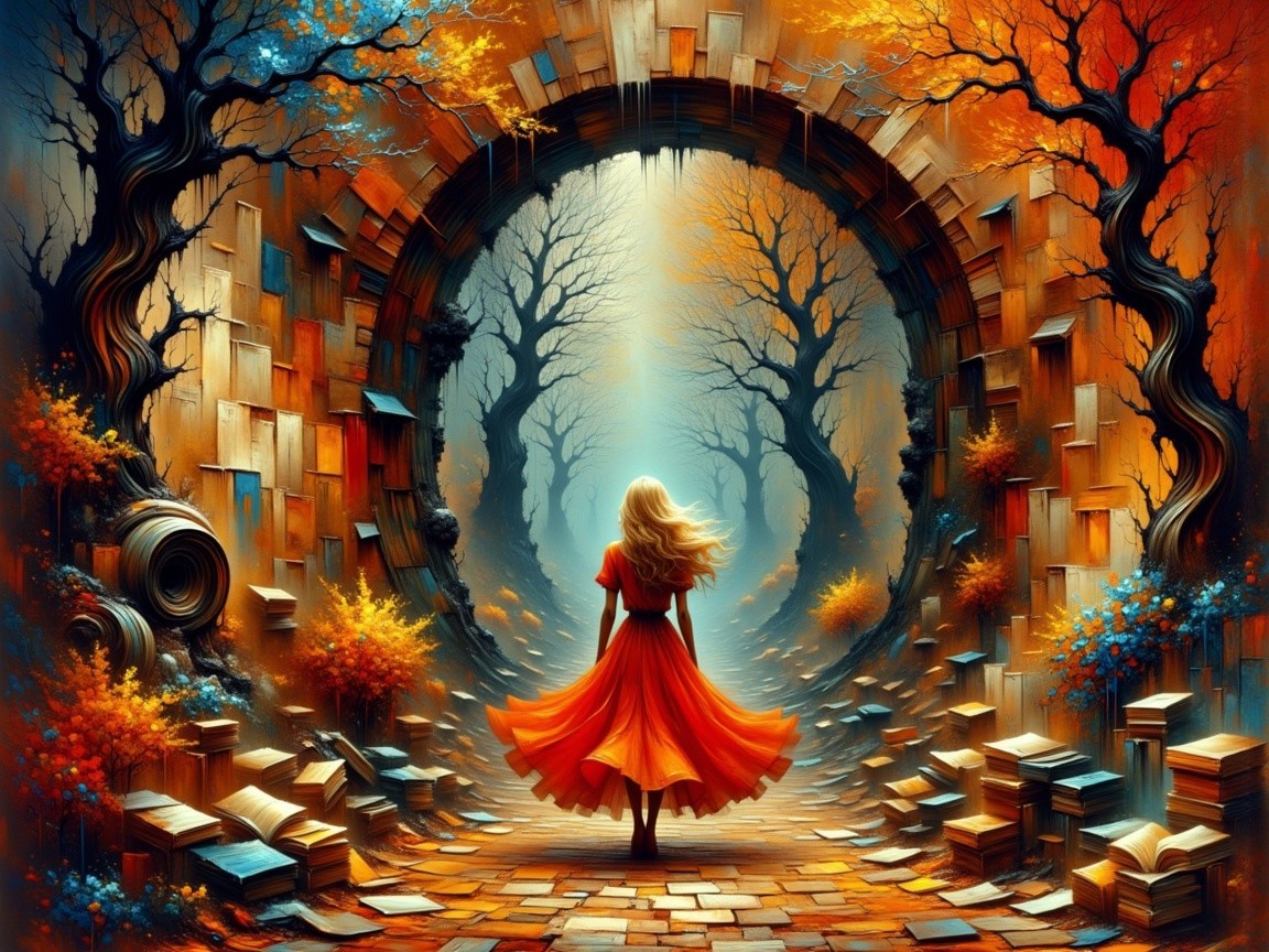 Woman in Red Dress at Book Archway in Autumn Scene