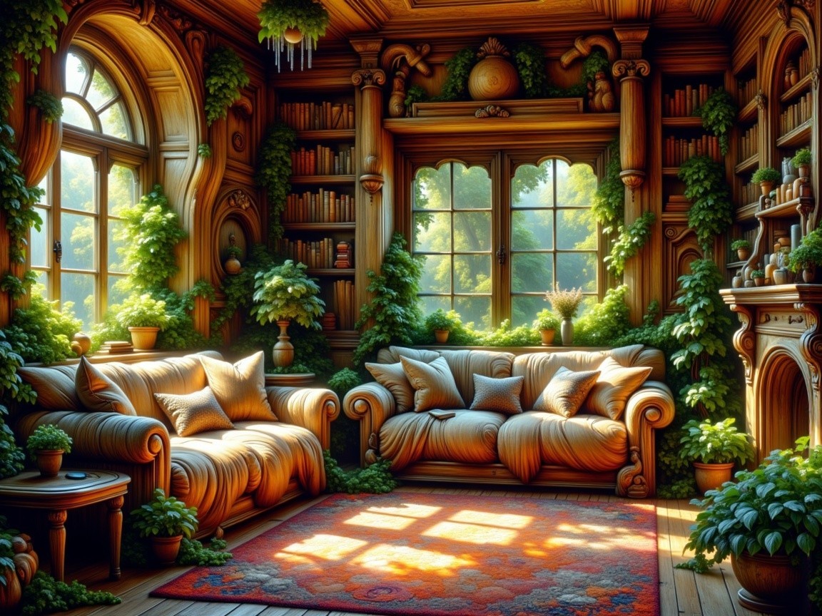 Cozy Room with Wooden Details and Abundant Greenery