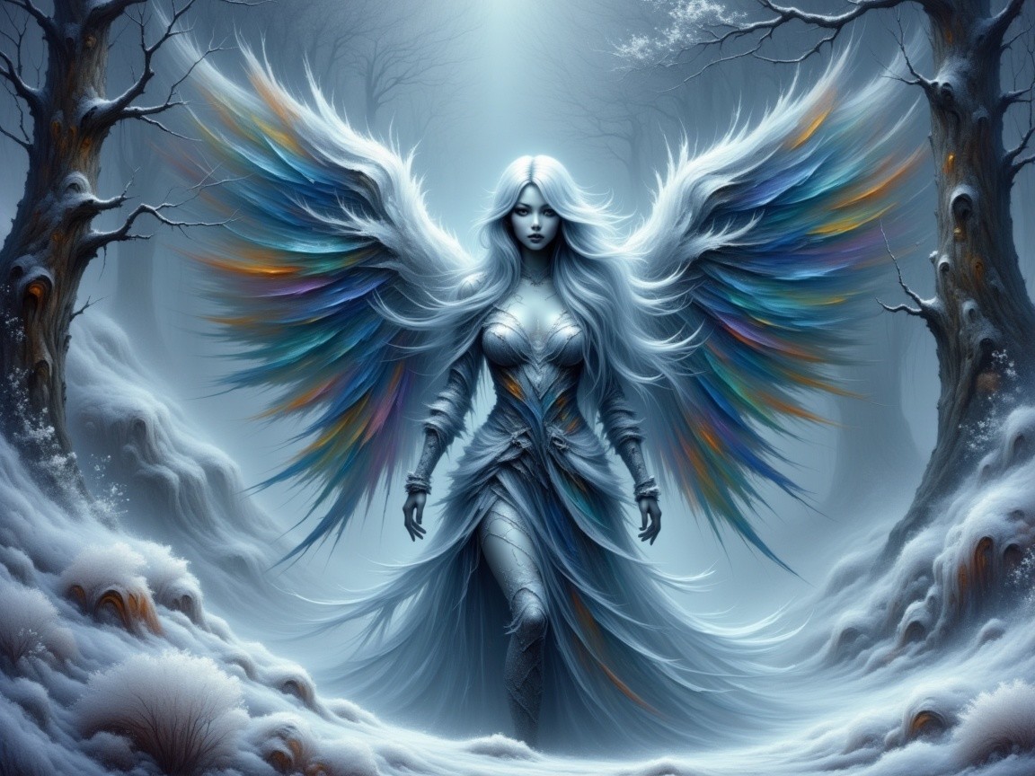 Majestic figure in silver outfit with colorful wings