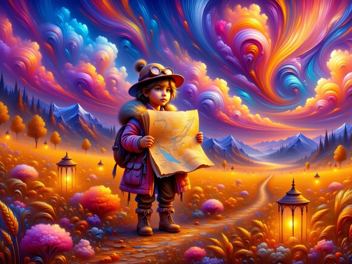 Child Exploring a Surreal Landscape with Lanterns