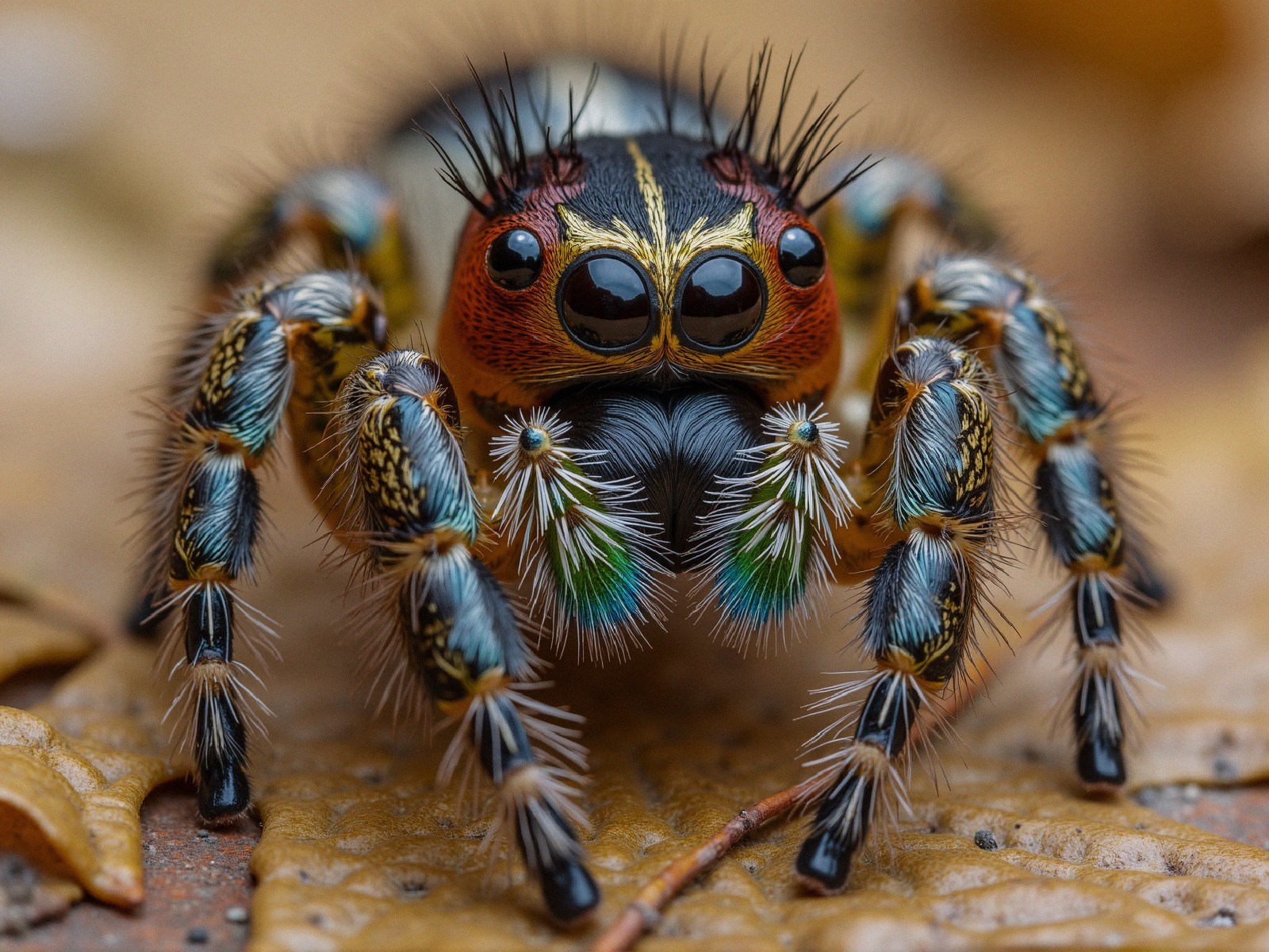 Close-up of Colorful Jumping Spider on Brown Surface