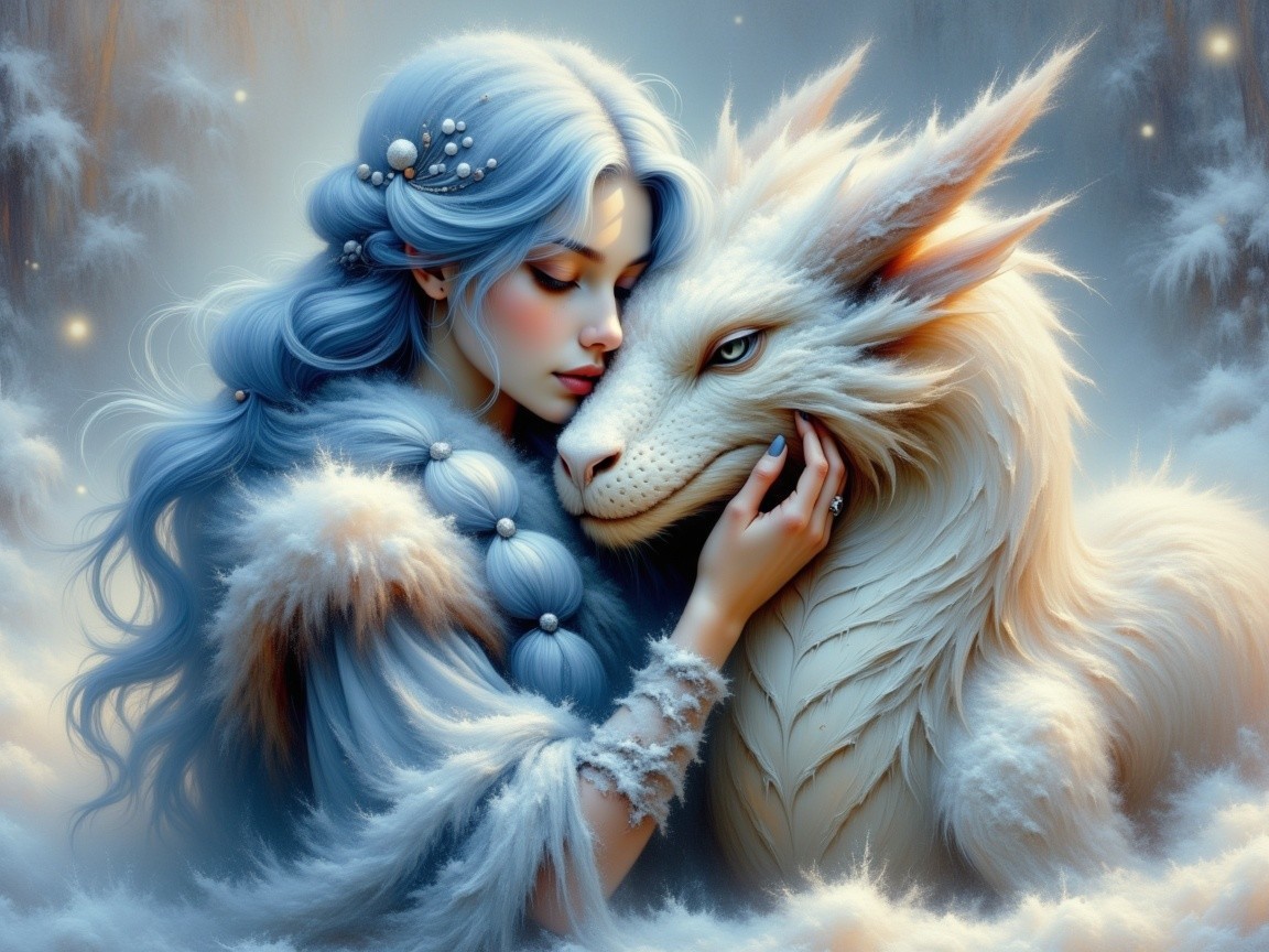 Woman with Silver-Blue Hair and Dragon in Snowy Scene