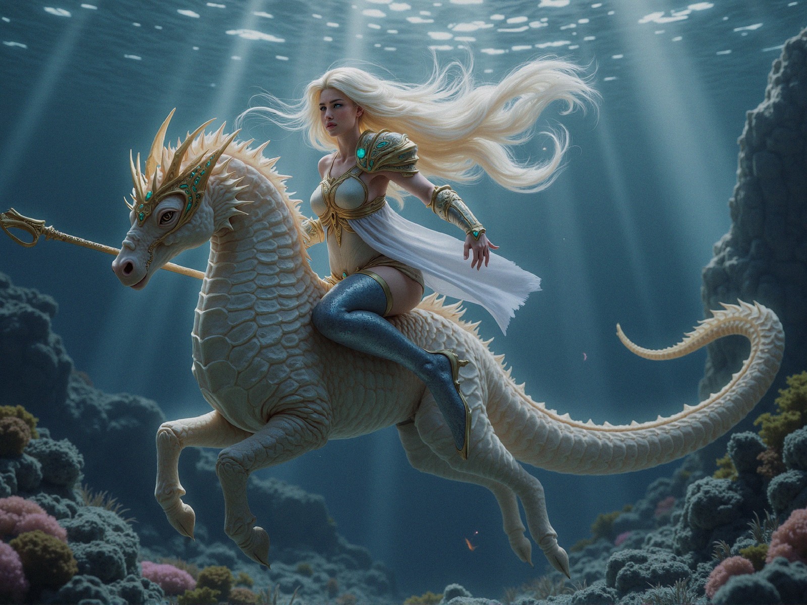 Underwater Scene of a Sea Goddess on a Seahorse