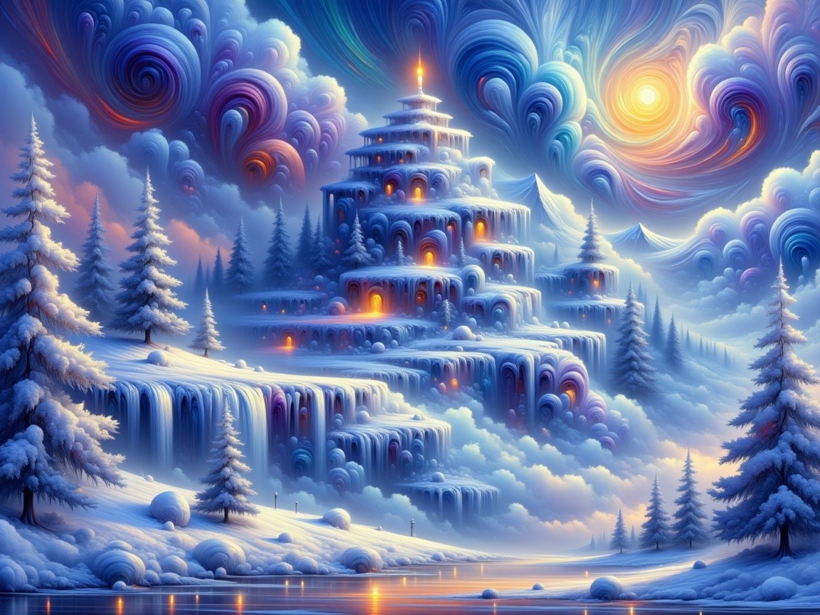 Serene Winter Landscape with Multi-Tiered Temple