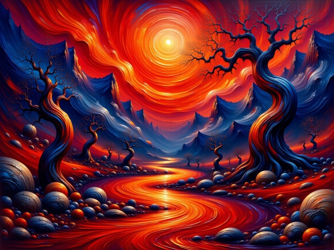 Surreal Landscape with Vibrant Colors and Twisted Trees