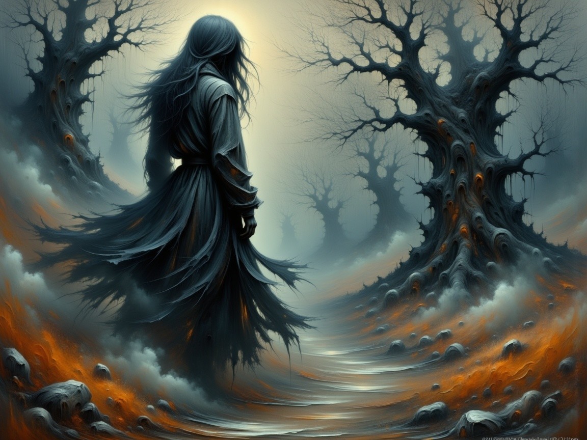 Ethereal Figure in Misty Forest with Gnarled Trees