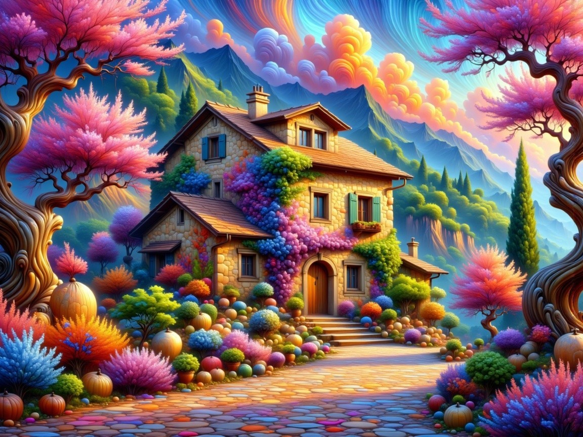 Whimsical Cottage Surrounded by Colorful Gardens and Mountains