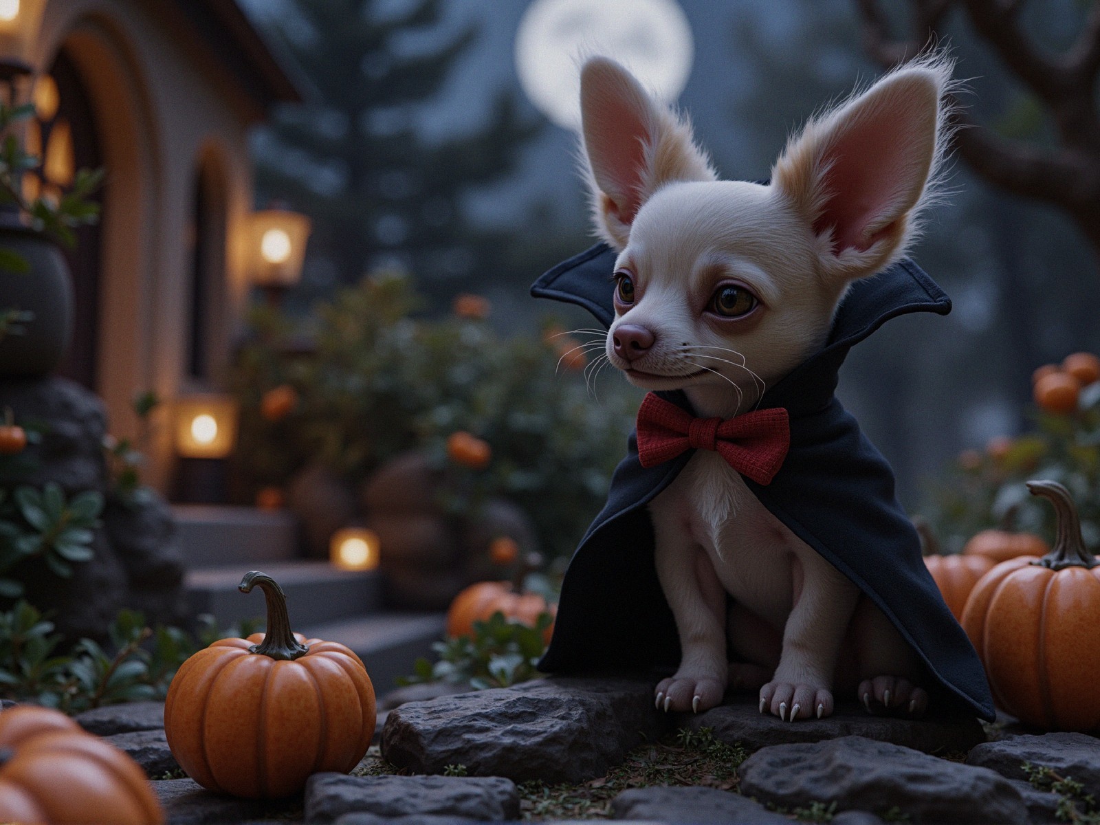 Charming Chihuahua in Vampire Costume Among Pumpkins