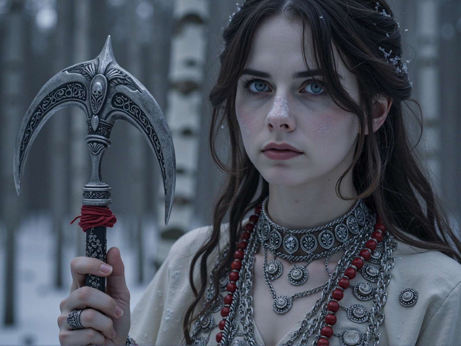 Close-up of Young Woman with Axe in Winter Forest