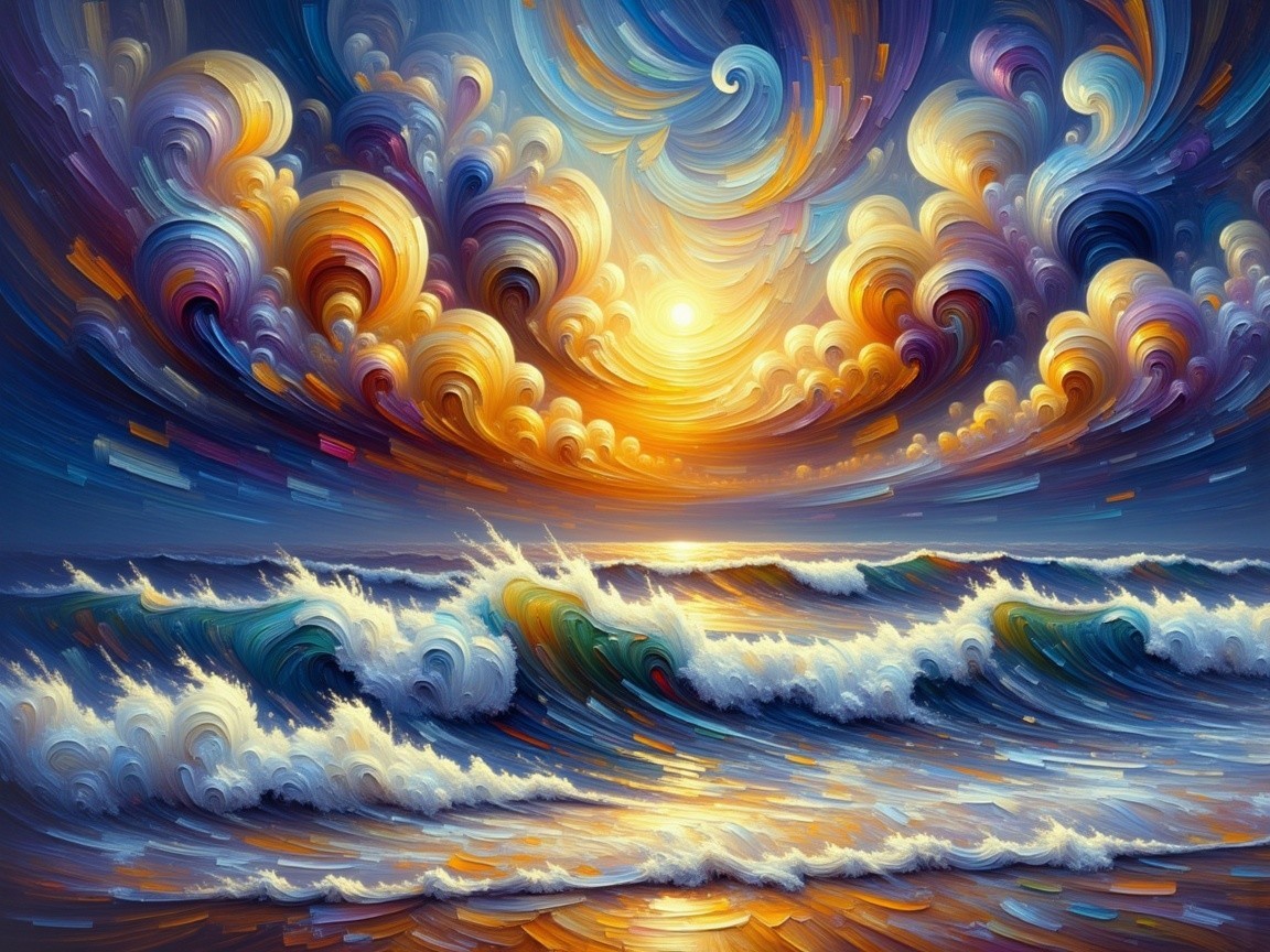 Vibrant Sunset Over Waves with Swirling Clouds
