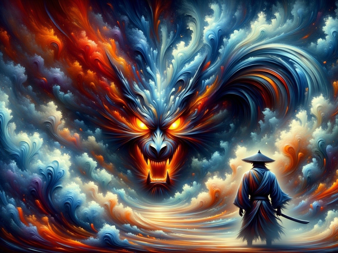 Lone Figure with Dragon in Vibrant Cloud Scene