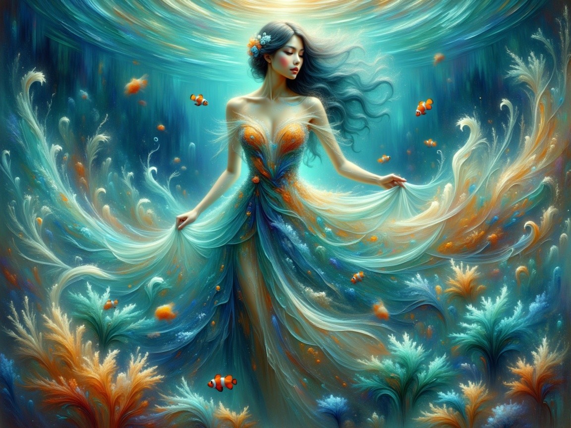 Underwater Scene with Graceful Figure and Corals