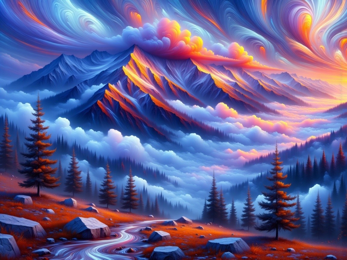 Vibrant Sunset Landscape with Mountains and River