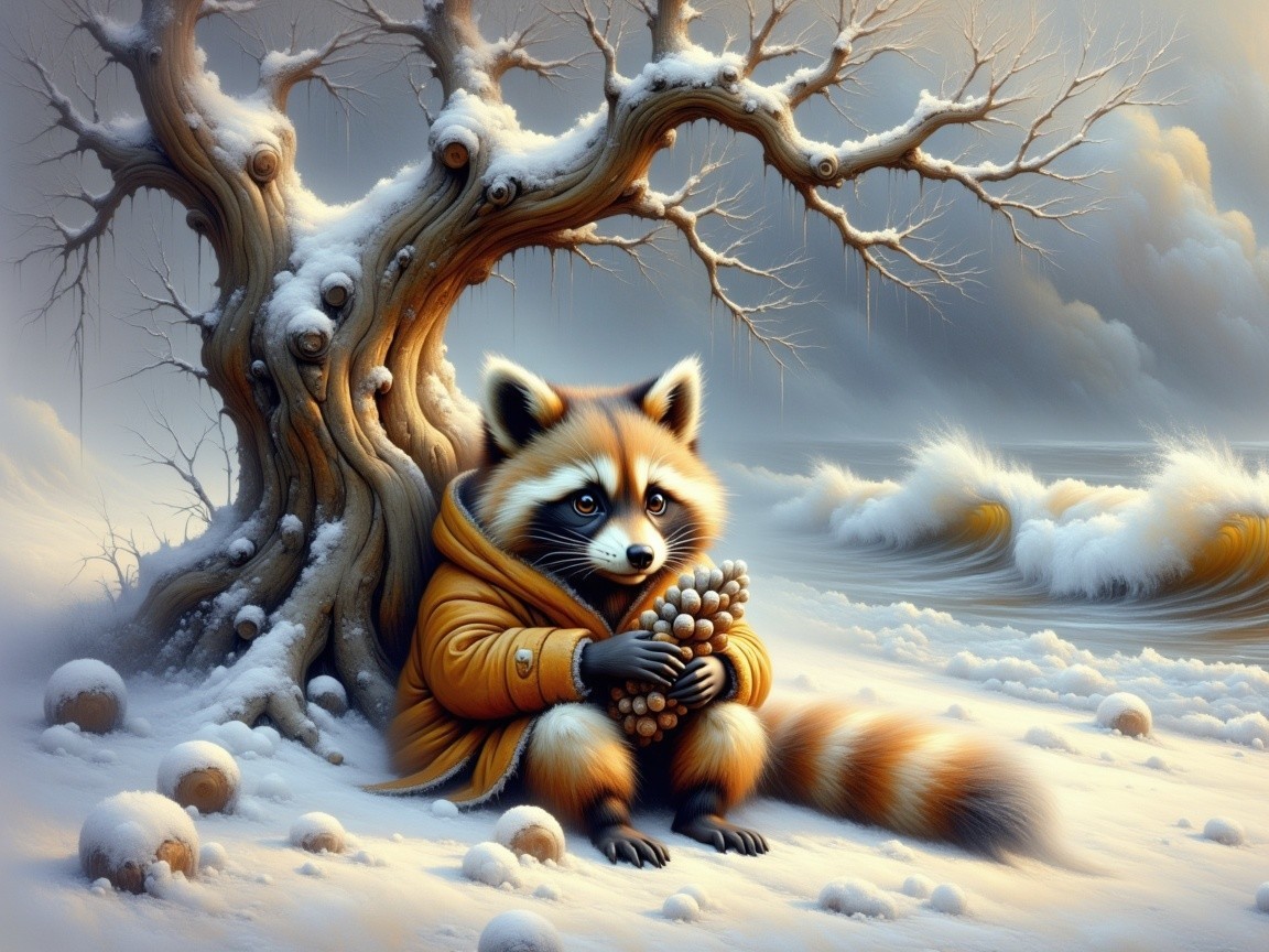 Raccoon in Orange Coat in Winter Landscape with Snow