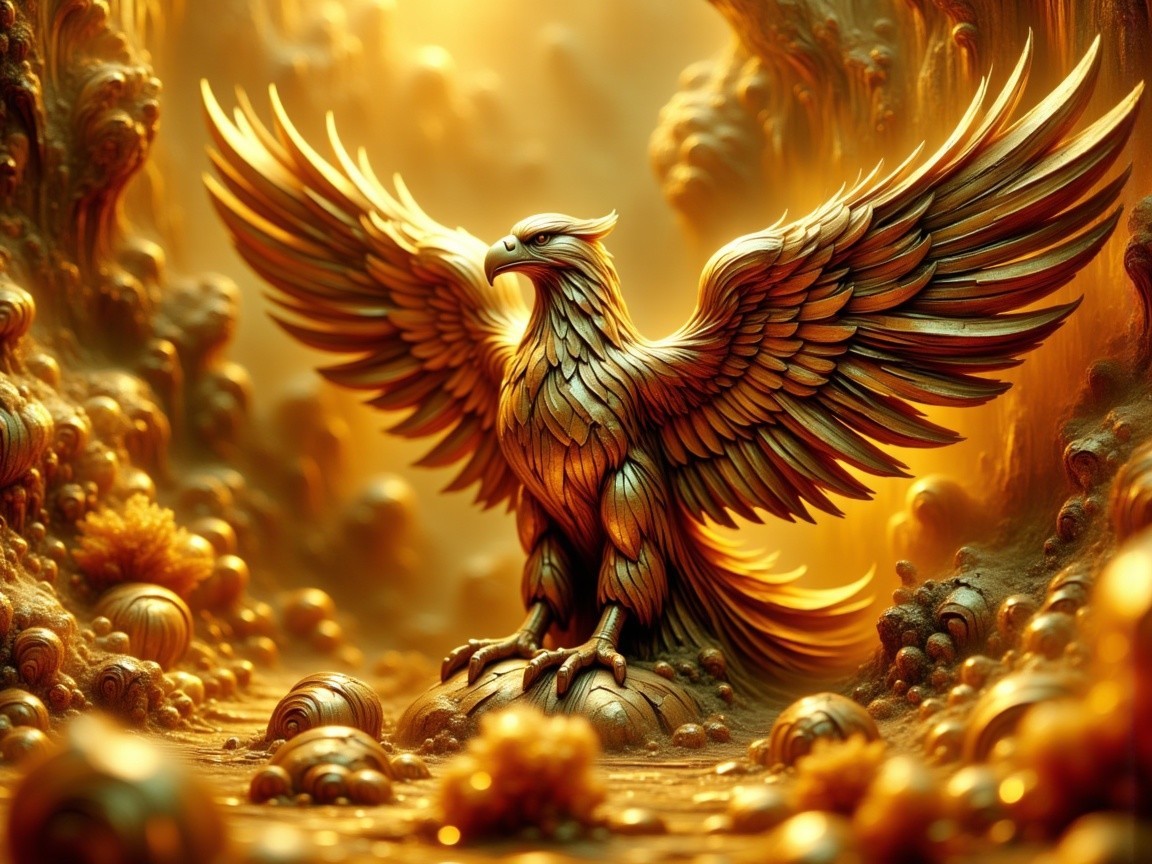 Golden Phoenix in an Ethereal Landscape Setting