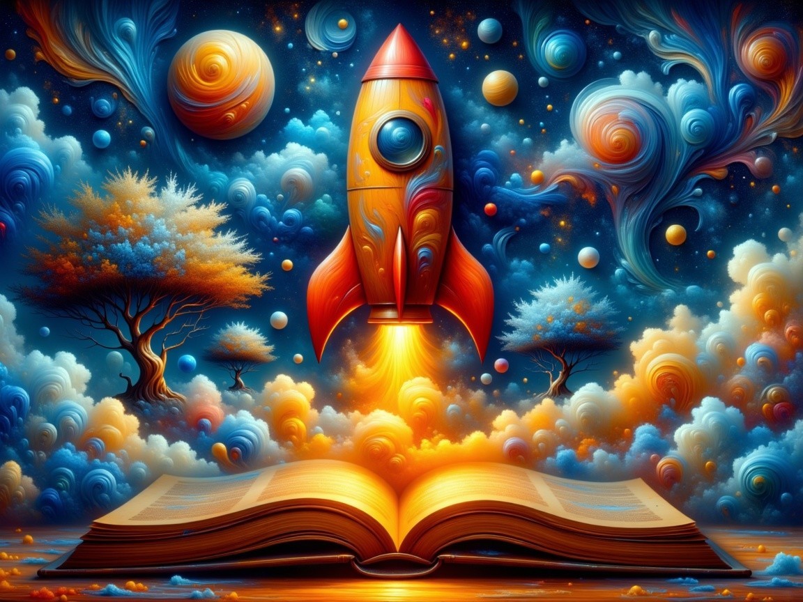 Colorful Rocket Launching from an Open Book Scene