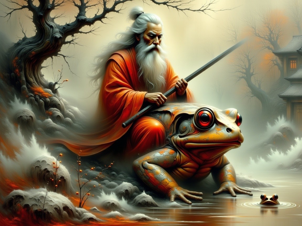 Ancient Sage on Whimsical Frog in Misty Landscape