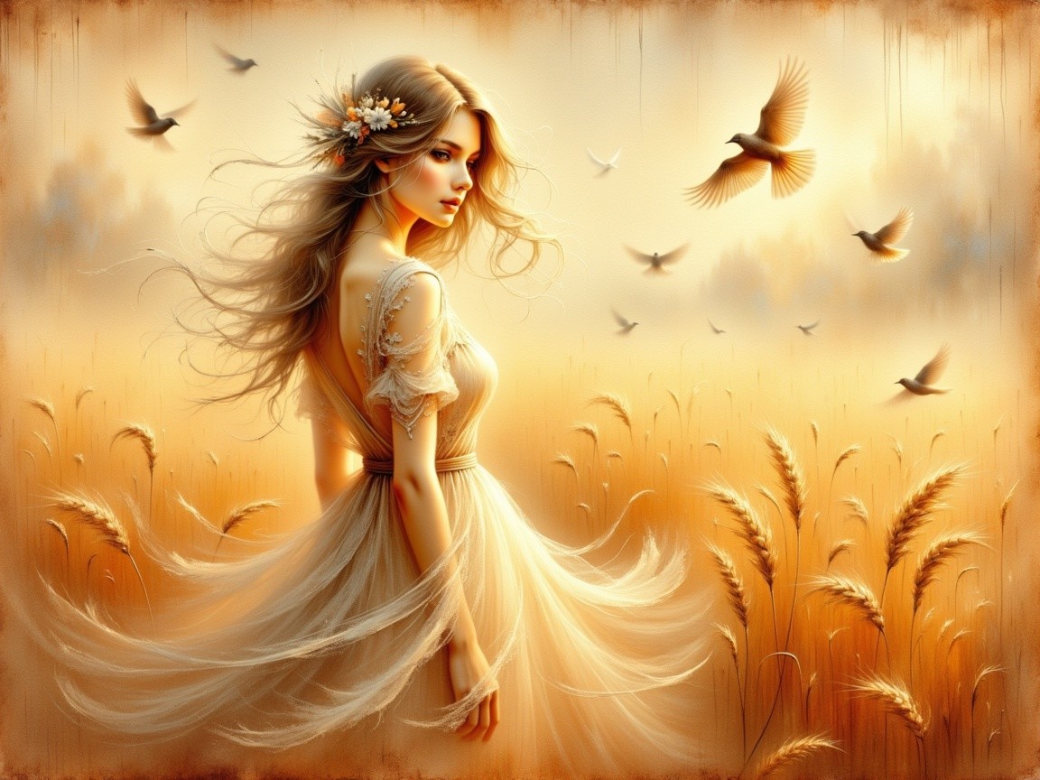 Serene Scene of a Woman in a Golden Field